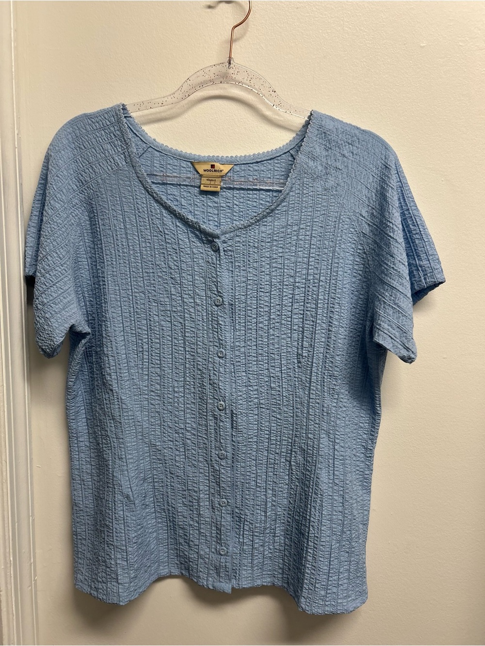 Woolrich Lightweight Button-Front Short Sleeve Top - embroidered neck Light Blue
